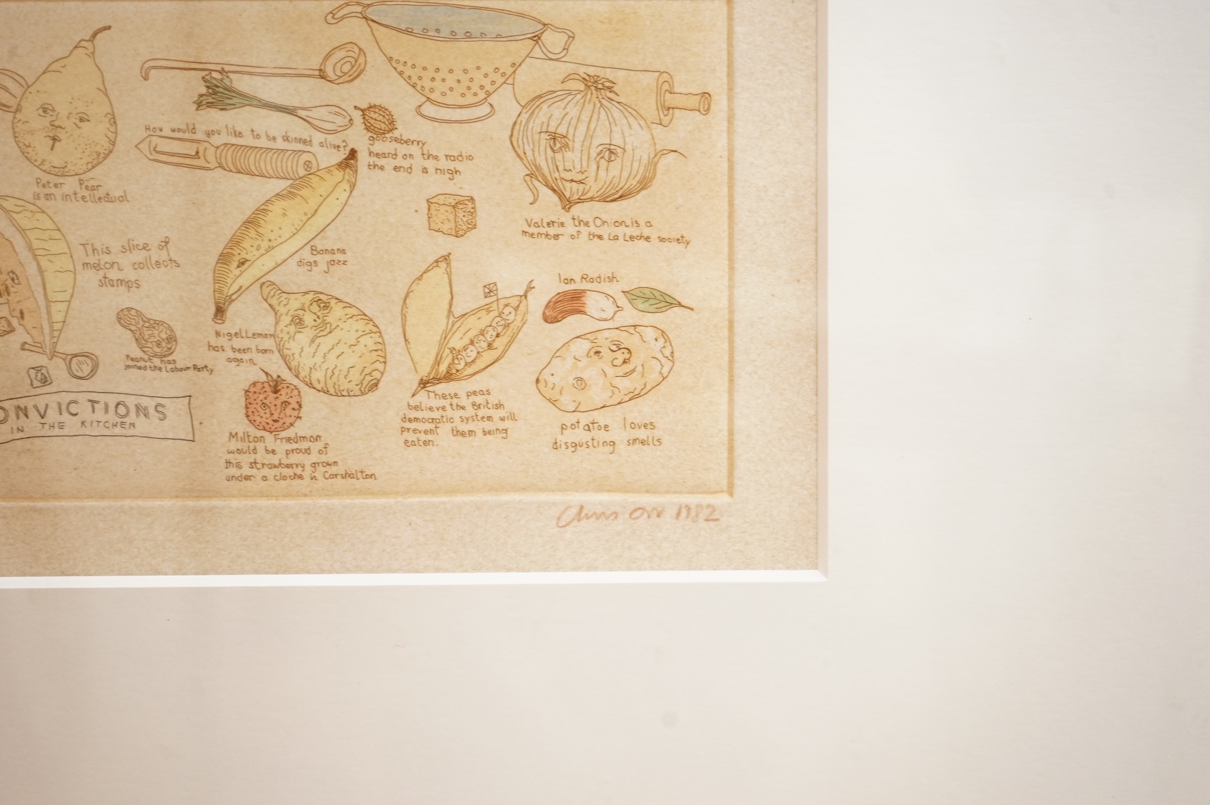 Chris Orr (b. 1943), 'Convictions in the Kitchen', 1982, signed, titled and numbered 43/50 to the margin, etching and aquatint, 17cm x 37cm